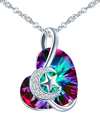 INFINIONLY Collana di cristallo Cuore dell'Oceano, Pendente cuore da donna, in argento 925, Collana di cristalli colorati, circondato da stella e luna, intarsiato con zircone lucido, catena 45cm