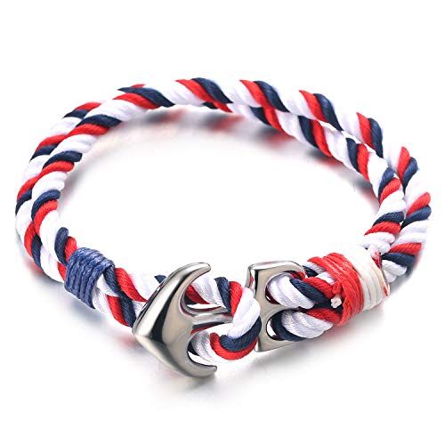 HALUKAKAH ● VELA ● Uomini Bracciale in Corda di Nylon Multicolore Rosso Bianco e Blu Fatto a Mano Chiusura con Ancora in Argento 8.26"(21CM),con Confezione REGALO Gratuita