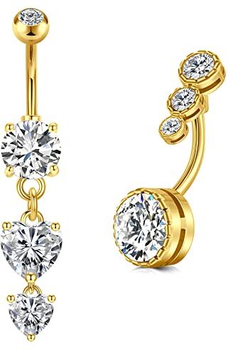 Vcmart 2pcs ombelico Piercing Oro 10 mm acciaio chirurgico ombelico Anelli con cuore diamante penzoloni Piercing Gioielli