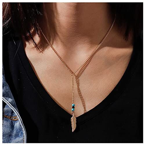 Dervivea Boho Collana Lunga Piuma Catena Turchese Collana Y Lariat Collana Pendente Foglia Oro Collana Piuma Y Goccia Gioielli per Donne e Ragazze