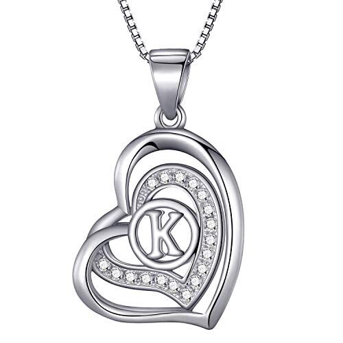 Morella Collana donna a forma di cuore lettera K con zirconi bianchi 46 cm argento 925 rodiato