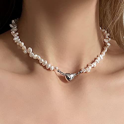 TseenYi Collana Girocollo Di Perle Vintage Collana D'argento Con Ciondolo A Cuore Collana Di Perle Barocche Collana D'amore Cuore Medaglione Collana A Catena Gioielli Per Donne E Ragazze Regali