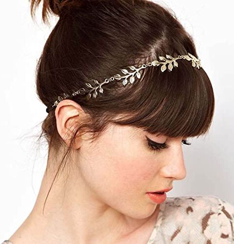 Wendalern Boho Diadema con cadena para el pelo de hojas, banda para el pelo con hojas doradas, cadena elástica para la cabeza de Metal dorado, accesorios para el cabello nupcial para mujeres y niñas