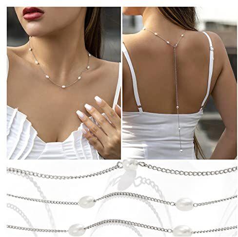 Inilbran Collana Di Perle Boho Retro Perla Argento Ovale Collane Sfondo Perla Lunga Catena Perla Retro Collana Corpo Vintage Collana Corpo Estate Gioielli Per Le Donne E Le Ragazze