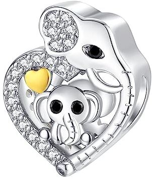 BEEUVIP Elefante e bambino elefante amore cuore Charm per bracciali, ciondoli in argento 925, perline per collane, per la festa della mamma, compleanno, regalo di Natale