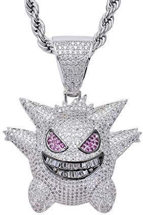 Sping Jewelry Collana con ciondolo hip hop in zirconia cubica viola per i fan di Pokemon, collezione classica, Metallo Gemma