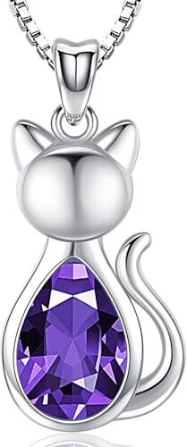 Friggem Collana Pietra natale Febbraio, Ciondolo Gatto pietra di compleanno in Argento Sterling 925 e Collana Donna Ciondolo Regali per mamme ragazze signore amanti mogli