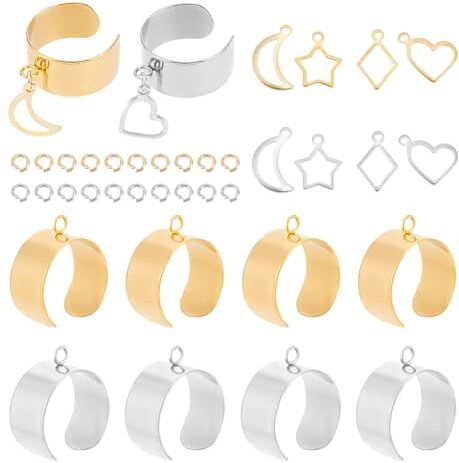 UNICRAFTALE 4 Set 2 Colori Kit Anelli con Ciondoli Anello Da Donna In Acciaio Inossidabile Anelli Regolabili con Stella di Luna Rombo Ciondoli A Cuore Polsino Aperto Componenti per Anelli