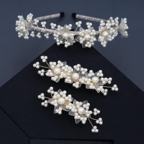 Silldedr Tiara reale da sposa,3 Pezzi Set Da Sposa Perla Fermaglio Per Capelli Fascia Per Velo Da Sposa Bianco Accessori Compleanno Ballo Costume Festival Corona Diadema Regalo Di Natale Principessa Diade