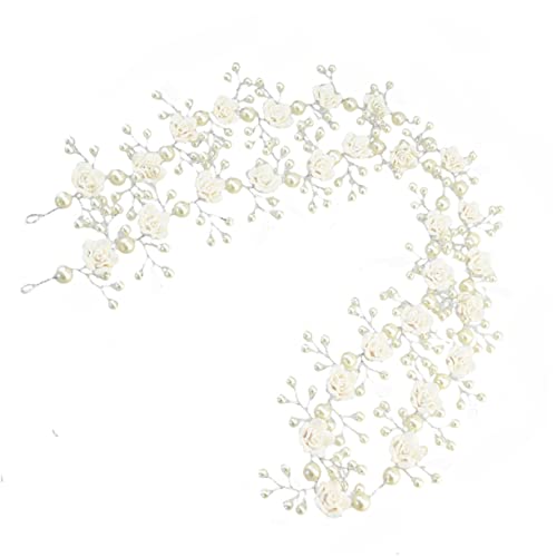 YPOSPDD Nastro for capelli bianchi Legami for capelli di perle Copricapo da sposa Vite da sposa Fiore Perla Fascia for capelli Catena morbida Sposa Fasce di perle di fiori allungate bianche