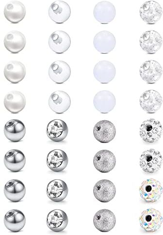 Rajnard Piercing Palla di Ricambio 16G 3mm Sfere di Ricambio per Piercing Labbro Setto Elica Tragus Sopracciglio Rook Daith Piercing Gioielli Donna Uomo 32Pcs Argento