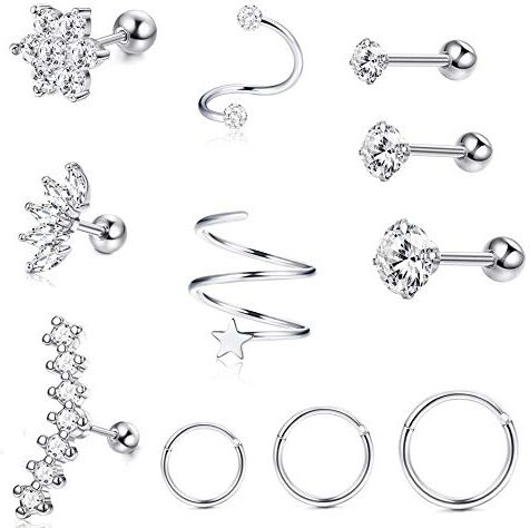 Milacolato Orecchini in Acciaio Inossidabile con Cartilagine Dell'orecchio Cerchi per Donne Ragazze Tragus Helix Conch Piercing CZ Barbell Stud 16-18G argento