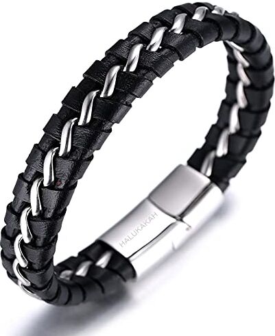 HALUKAKAH Bambini ● Solo Junior ● Bracciale Ragazzo Maschio in Vera Pelle Cuoio Nero 6-12 Anni Catena in Titanio Acciaio Argento Chiusura Magnetica 7"(18cm) con Pacco Regalo Gratuita