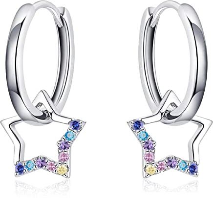 Qings Orecchini a Cerchio con Ciondolo Stella per Donna, Argento Sterling 925 Huggie Ipoallergenico Orecchini Cubic Zirconia colorato Stella Orecchini Compleanno Regalo per Ragazze Adolescenti