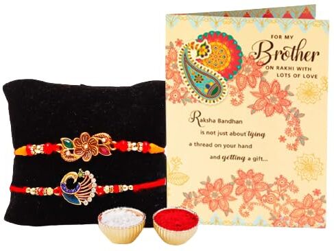 archies La più grande collezione Rakhi per Rakshabandhan   Rakhi per fratello   Rakhi per Bhaiya e Bhabhi   Cesto regalo combinato Rakhi per Bhai (B), (M206) DEVOTEDNESS BRO RAKHI SET OF 2, Cotone,