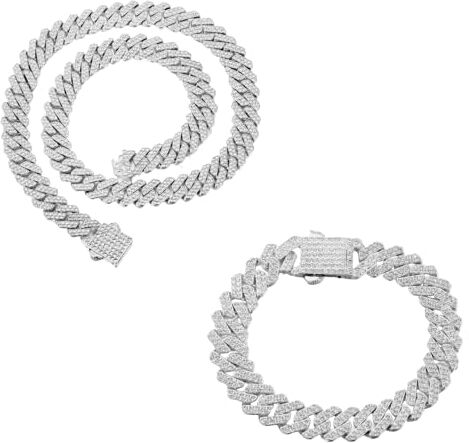 HALUKAKAH Placcato in Platino Diamante Cubano Bracciale a Maglie Collana di Gioielli per Uomo, Oltre 1500 Lab Diamanti, Larghezza 12mm Lunghezza 20cm,45cm con Confezione Regalo