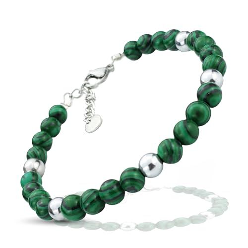 SAGA GIOIELLI ® Bracciale Uomo Donna Pietre Naturali Acciaio 6 mm (MALACHITE VERDE)