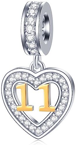 GLOWDAS 11 anni Charms di Compleanno Fit Bracciale Momenti Pandora, Oro 18k Numero 11 Ciondoli, 925 Argento Sterling 11th Anniversario Matrimonio Ciondolo Perline con CZ, Regali per Nipote/Gemelli