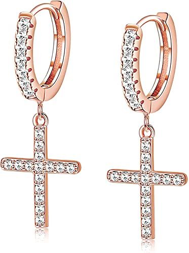 Milacolato Orecchini Croce Argento Sterling 925 Placcato Oro 18 Carati Minimalisti Orecchini a Cerchio con Pave CZ Orecchini Pendenti a Croce Piccola Huggie per Donna Oro rosa