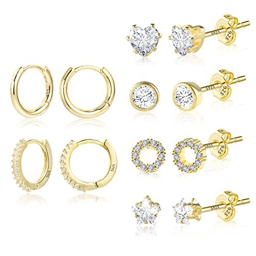 Ash Set di orecchini in oro, 2 paia di orecchini a cerchio con 4 paia di diamanti orecchini a perno piccoli, ipoallergenici CZ cartilagine orecchini a perno per donne uomini donne