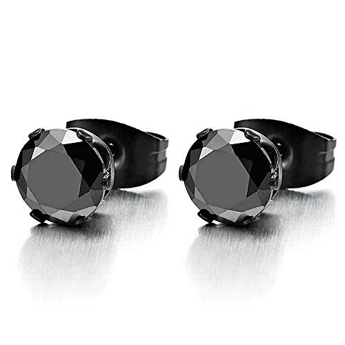 COOLSTEELANDBEYOND 5MM Nero Zirconi, Nero Orecchini da Uomo Donna, Orecchini a Lobo, Acciaio Inossidabile, 1 Paio