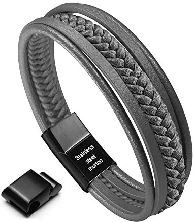 Murtoo Bracciale Uomo Pelle Chiusura in Acciaio Braccialetto Uomo Donna Pelle (Grigio 22cm)