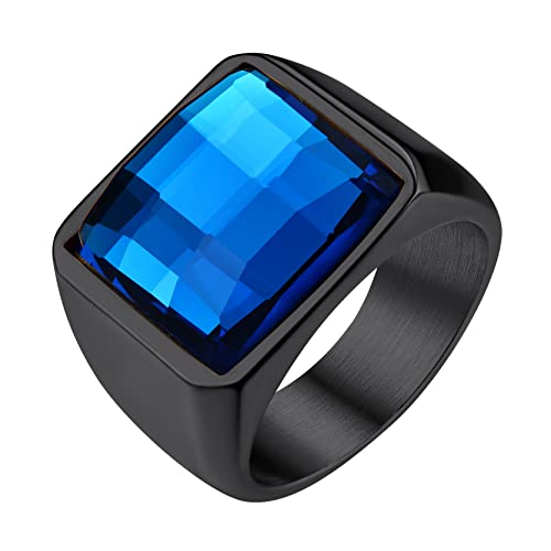 GOLDCHIC JEWELRY Anello Uomo Nero con Onice Blu, Taglia 22 Anello Fidanzamento Anello Con Pietra Nera In Acciaio Inossidabile Anello Nero Uomo Regalo per Papà Marito