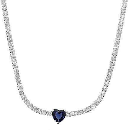 MAISON GIOIELLI FIRENZE OHANA Collana Donna Tennis Placcata Oro Bianco con Zircone a Forma di Cuore Colorato, Collana Chiusura a Moschettone Ipoallergenica, Antigraffio e Waterproof (blu)