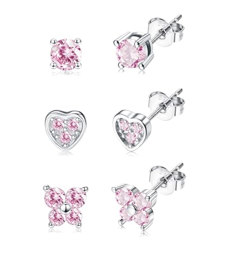 JeweBella 3Paia Piccoli Orecchini Set in Argento Sterling 925 per Donna Ragazze Bambina Anallergici Orecchini Farfalla Cuore Fiore con Cubic Zirconia Dolce Orecchini Bambina Ragazza Gioielli