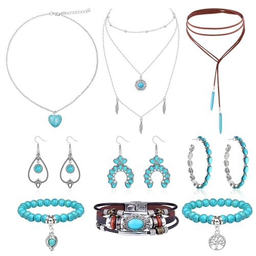 LOLIAS Bohemian Parure Gioielli Collana Lunga Donna Set di Gioielli Turchesi Boho Etnico Collana Bracciale Anelli Vintage Turchese Orecchini Pendenti Set Regalo Donna