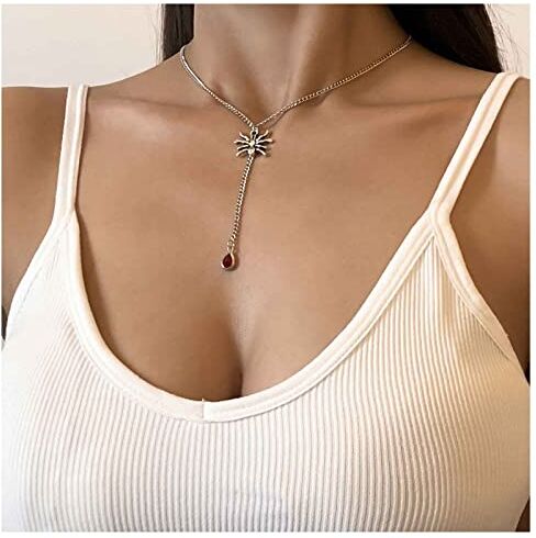 Dervivea Punk Spider Y Lariat Collana Red Gemstone Y Drop Collana Argento Spider Girocollo Collana Lunga Lacrima Collana Catena Gioielli per Donne e Ragazze