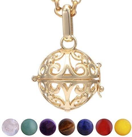 Morella Collana donna acciaio inossidabile oro 70 cm con ciondolo decorativo e 7 sfere con pietre preziose gemme minerali in un sacchetto di velluto