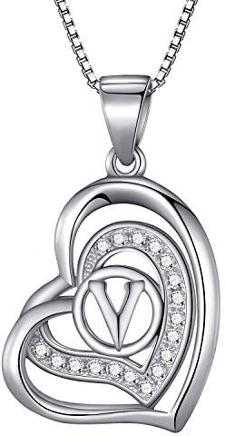 Morella Collana donna a forma di cuore lettera V con zirconi bianchi 46 cm argento 925 rodiato