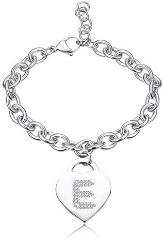 SiLo Bijoux Bracciale con lettera iniziale donna con STRASS in acciaio con lettera NOME charm cuore e cristalli argento alfabeto misura regolabile, nascita, anniversario,idea CONFEZIONE REGALO INCLUSA (E)