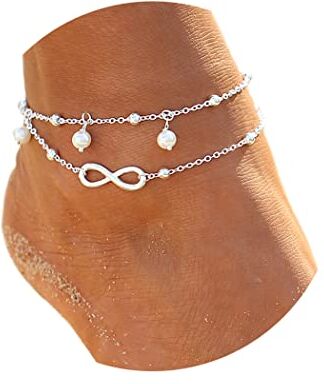 Ushiny Boho Forever Cavigliera Bracciale cavigliera con perle d'argento Bracciale cavigliere vintage a strati Gioielli con catena a piedi con perline da spiaggia estiva per donne e ragazze