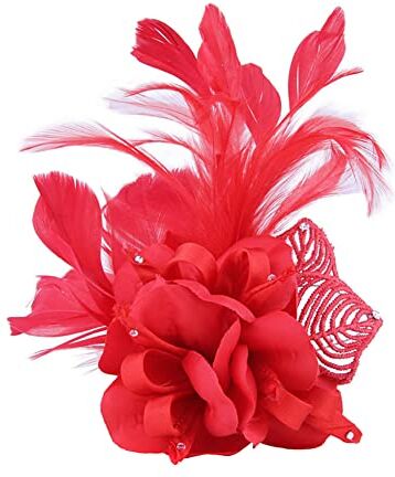 FLAVAS Spilla Fiore Piume Spilla da Donna Vintage Spilla da Sposa Fatto a Mano, fascinator, costumi, spilla a forma di fiore, per Abiti Abbigliamento Pin Decorativo Gioielli da Festa (Rosso)