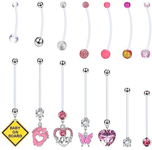 Milacolato Gravidanza Piercing Ombelico maternità Acrilico Bioflex 14/18/25/32mm 14G Ombelico Anello CZ Bilancieri Lunghi Baby Feet Pendente Plastica Gravidanza Ombelico Piercing Gioielli Pinker