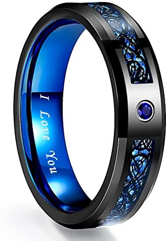 NUNCAD Anello in Tungsteno Nero+Blu 6mm Celtico Dragon con Fibra di Carbonio e Zircone Blu per Uomo/Donna Quotidiano Matrimonio Fidanzamento Taglia 18.25