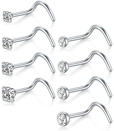 AceFun Piercing Naso Borchie Naso Acciaio Inossidabile 18G Borchie al Naso Argento per Donna Uomo Spirale con CZ Diamond Ball 1.5mm 2mm 2.5mm 3mm 8 Pezzi