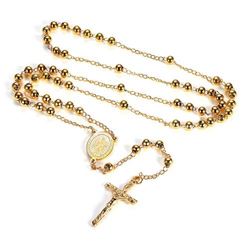 FaithHeart Rosario con perline, rito cattolico, per donna e uomo, collana extra lunga e Acciaio inossidabile, colore: Metallic Beads-gold, cod. TN12044K-E