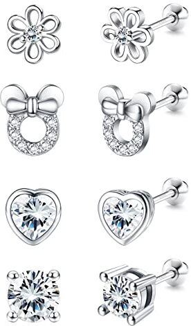 LOLIAS 4 Pairs Orecchini Bambina Argento 925 Forma Cuore Fiore Della Farfalla Oorecchini Donna Anallergic Zirconia CarinorRosa Set Orecchini Monili per Regalo