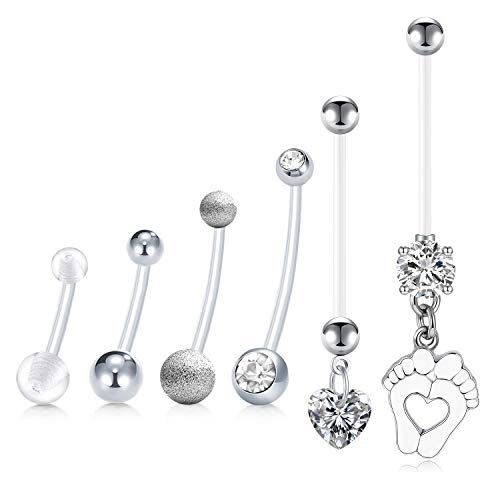 LAURITAMI 6pcs Anelli Piercing Ombelico Gravidanza maternità Acrilico Bioflex 14/18/25/32mm 14G Gioielleria da Piercing per Il Corpo con Fermi CZ con Barbell Lunghi