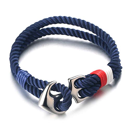 HALUKAKAH ● VELA ● Uomini Bracciale in Corda di Nylon Multicolore Blu Navy Fatto a Mano Chiusura con Ancora in Argento 8.26"(21CM),con Confezione REGALO Gratuita