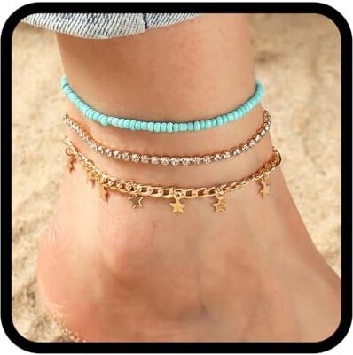 Handcess Boho Star Paillettes Cavigliere Braccialetti alla caviglia con cristalli dorati Catena a piedi con perline turchesi a strati per donne e ragazze