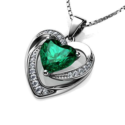 DEPHINI Collana a forma di cuore verde in argento Sterling 925 pietra portafortuna impreziosita con cristalli CZ Collana da donna in argento placcato al rodio 45,7 cm