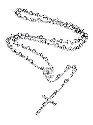 Supcare Rosario, collana cattolica, da donna, in acciaio inox, rosario, con ciondolo a forma di crocifisso, per uomo e donna, Acciaio inossidabile