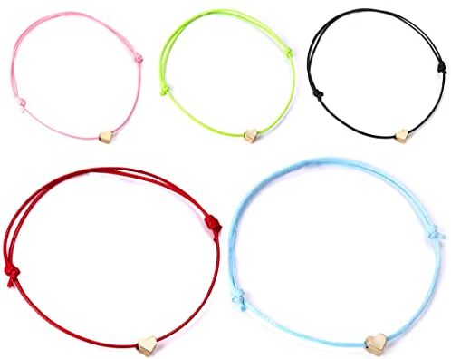 LEEQ Set di 5 Braccialetti per l'Amicizia con Scheda Messaggi Esprimi un Desiderio。Braccialetti Regolabili a Cuore e Mano、Fatti a Mano、Regali di Gioielleria di Moda Semplici per Donne