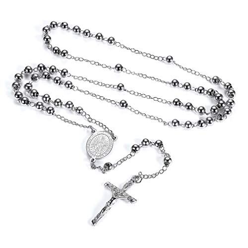 FaithHeart Rosario con perline, rito cattolico, per donna e uomo, collana extra lunga e Acciaio inossidabile, colore: Metallic Beads-silver, cod.