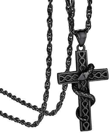 GOLDCHIC JEWELRY Serpent Pendant Mens Croce Necklace, Black Snake Christian Jewellery for Men Women