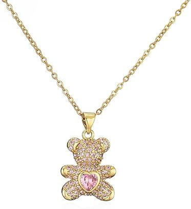 Gionatan Shop Collana orsetto con ciondolo pendente Strass brillanti e zircone a forma di cuore rosa per donna e ragazza regalo colore oro e catenina orso amore